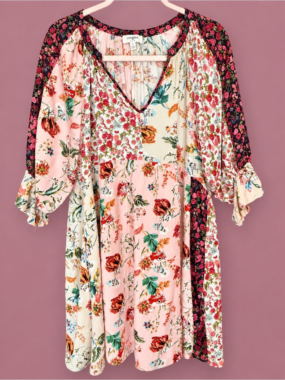 Umgee Pink & Cream Floral Patchwork Midi Dress